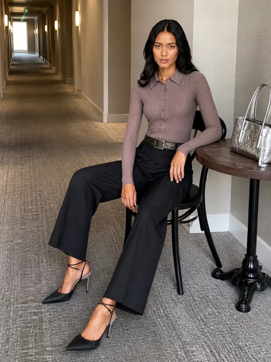The attico studded knit wide leg trousers outfit