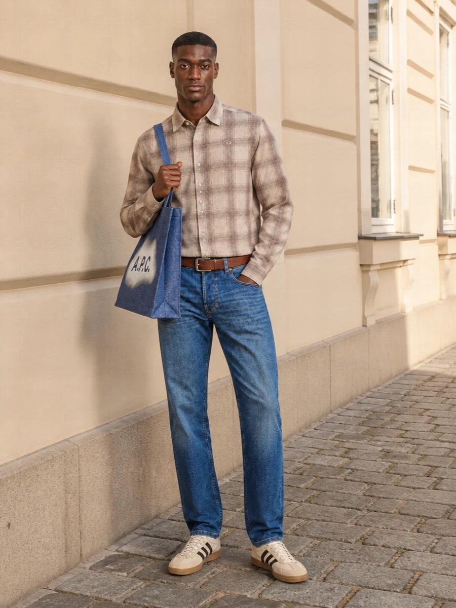 Diesel plaid shirt mid wash jeans adidas trainers