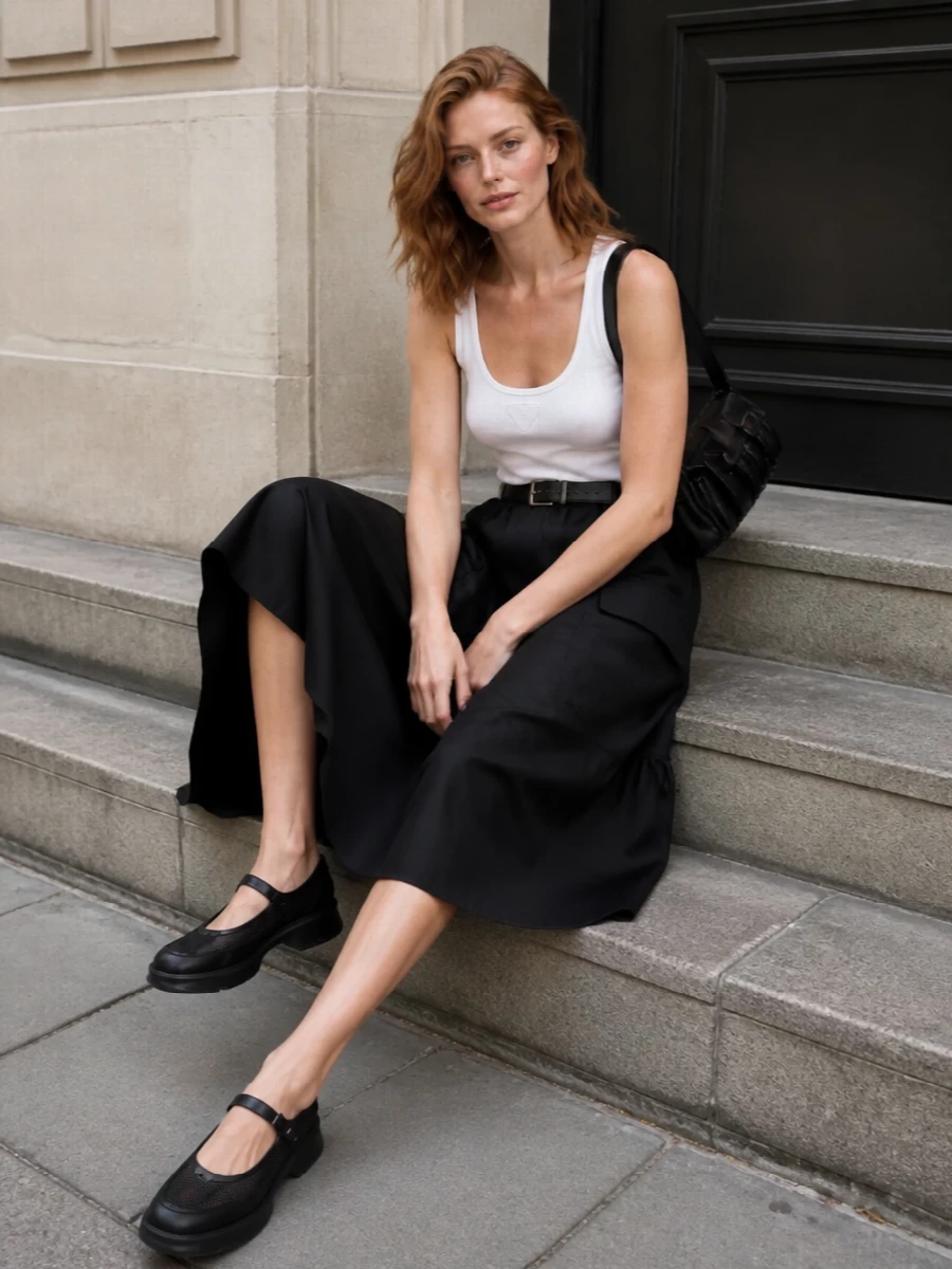 Prada black flared midi skirt white tank outfit