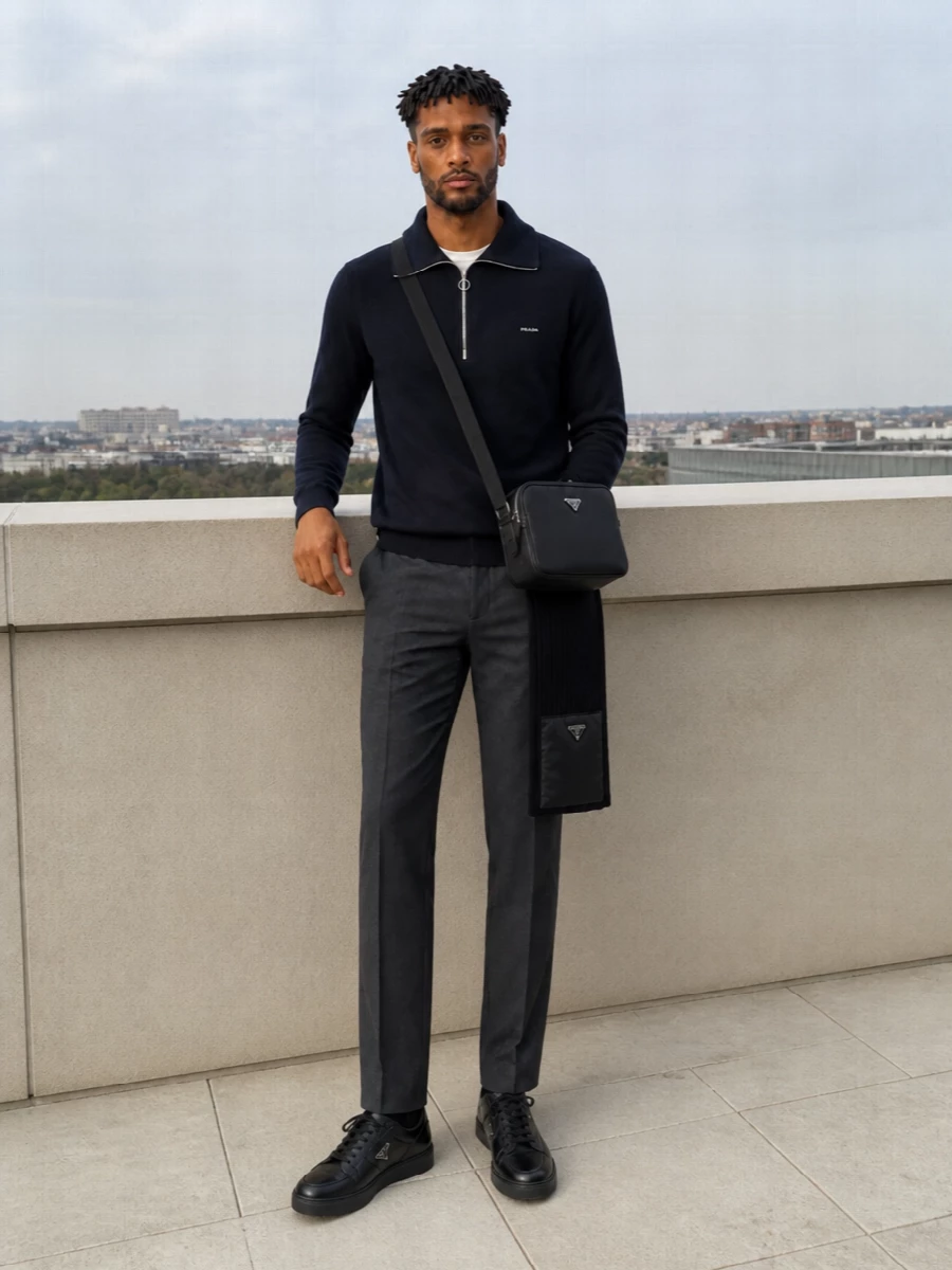 Prada navy half zip charcoal trousers sneakers
