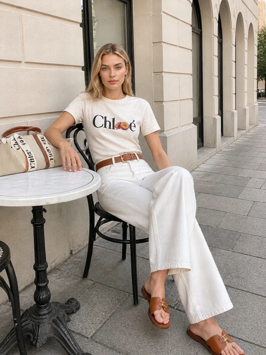 Chloe logo tshirt ivory wide leg trousers outfit
