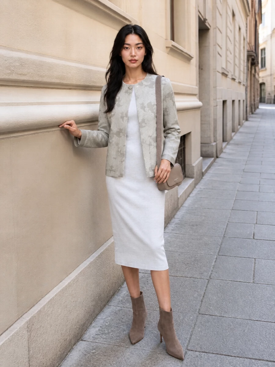 Emporio armani stone jacket white sheath outfit