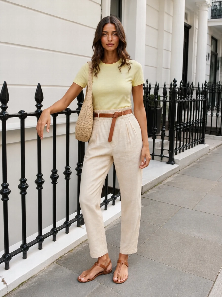 Pale lemon and sun-washed beige create a soft, tonal outfit that feels calm and summery without reading sweet. The high paperbag waist, gently cinched with a tan knot belt, balances the classic tee and leads smoothly into lean tapered legs. Taupe leather sandals and a straw shoulder bag keep everything airy and grounded in an understated Parisian boho spirit.