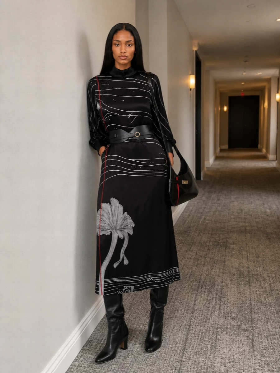 Ferragamo black midi dress with boots belt