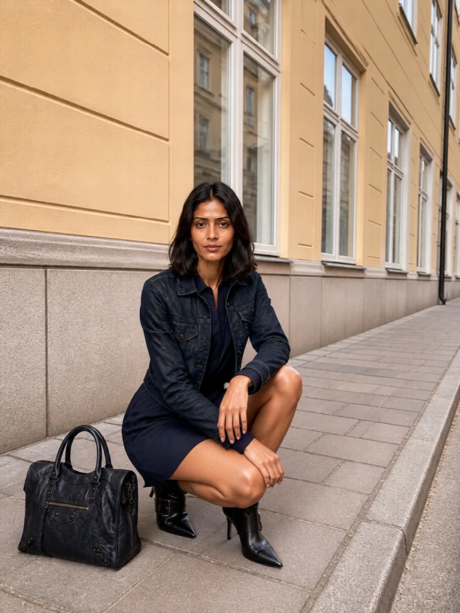Balenciaga denim jacket navy shirtdress boots