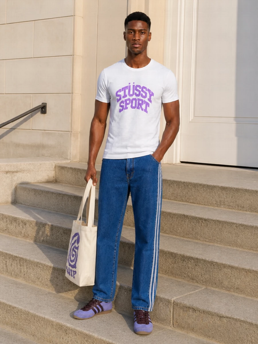 White and lilac Stüssy Sport energy sits on clean striped Adidas denim for a street-led base that still feels easy to wear every day. Lilac Adidas terrace sneakers echo the graphic hit up top, while the Carhartt tote repeats the purple accent in a softer way. The mix lands relaxed, graphic and cohesive without tipping into costume territory.