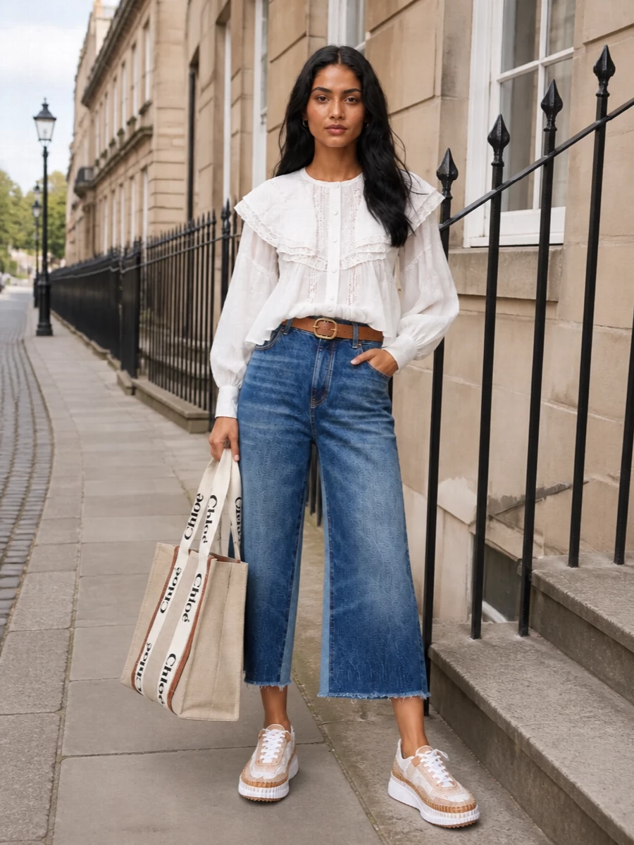 Chloe wide cropped jeans lace blouse outfit