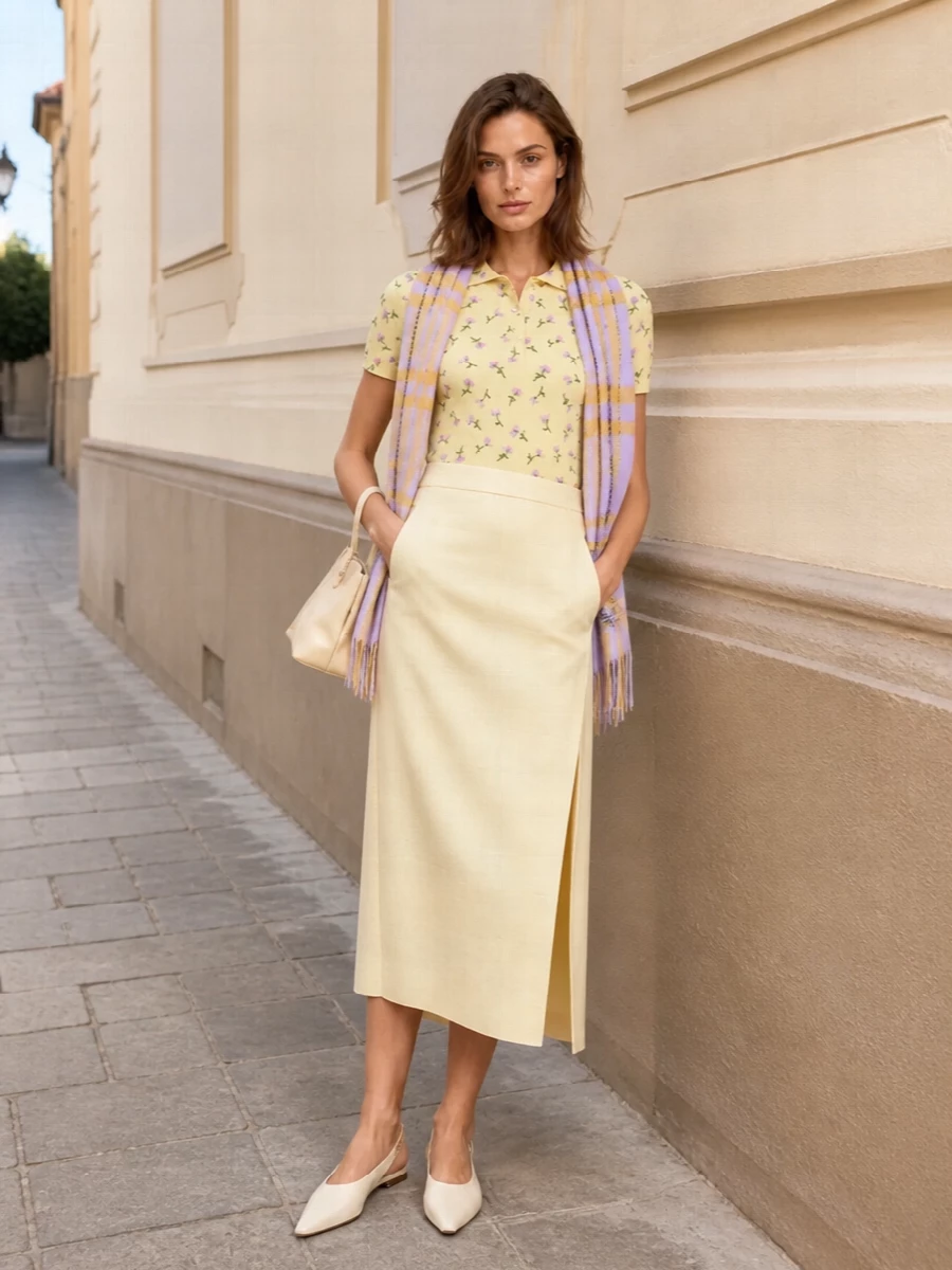 Pastel yellow florals sit against a butter-cream midi to create a soft, sunlit column that feels romantic yet precise. Cream slingbacks and a structured butter-beige bag keep the mood quietly polished while letting the lilac accents stay in focus. A lilac and yellow check scarf pulls the colors together, making the outfit ideal for gallery afternoons or relaxed city dinners in warm weather.