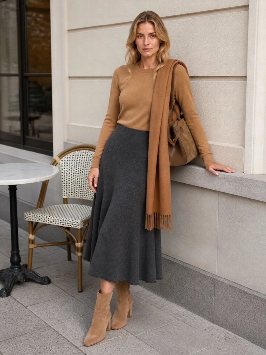Camel on top with a charcoal Extreme Cashmere midi skirt creates a soft, graphic play between warm and cool neutrals. Suede block-heel boots and the structured camel-and-chocolate tote keep the knit pairing feeling composed and city-ready. A long camel scarf at the neck adds a final layer of warmth while keeping the palette tightly edited.
