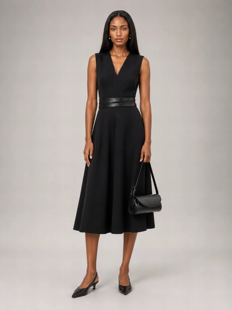 S Max Mara Wool V-Neck Sleeveless Midi Dress