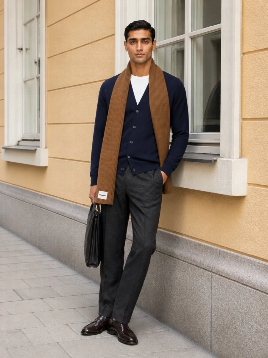 John smedley cardigan jil sander trousers outfit