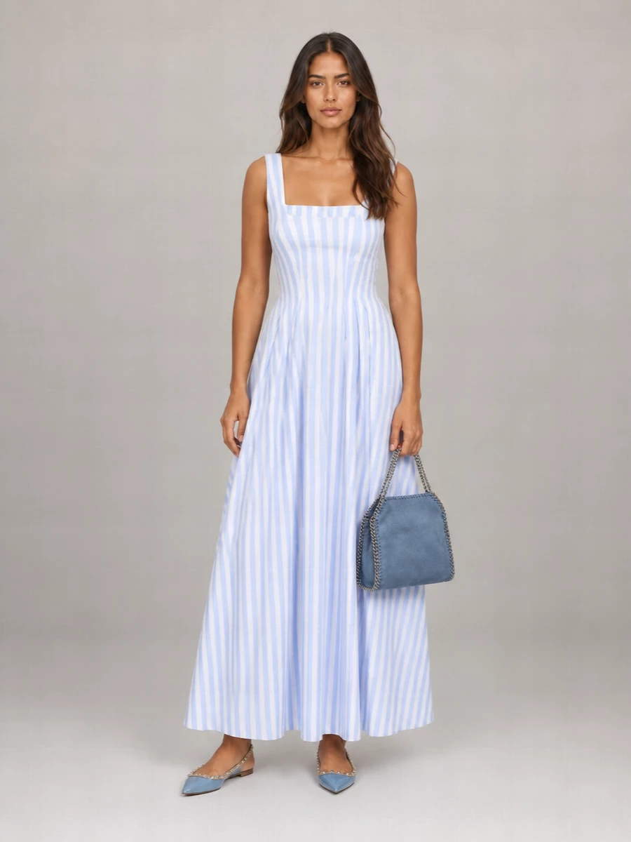 Sportmax Striped Cotton Sleeveless Square-Neck Maxi Dress