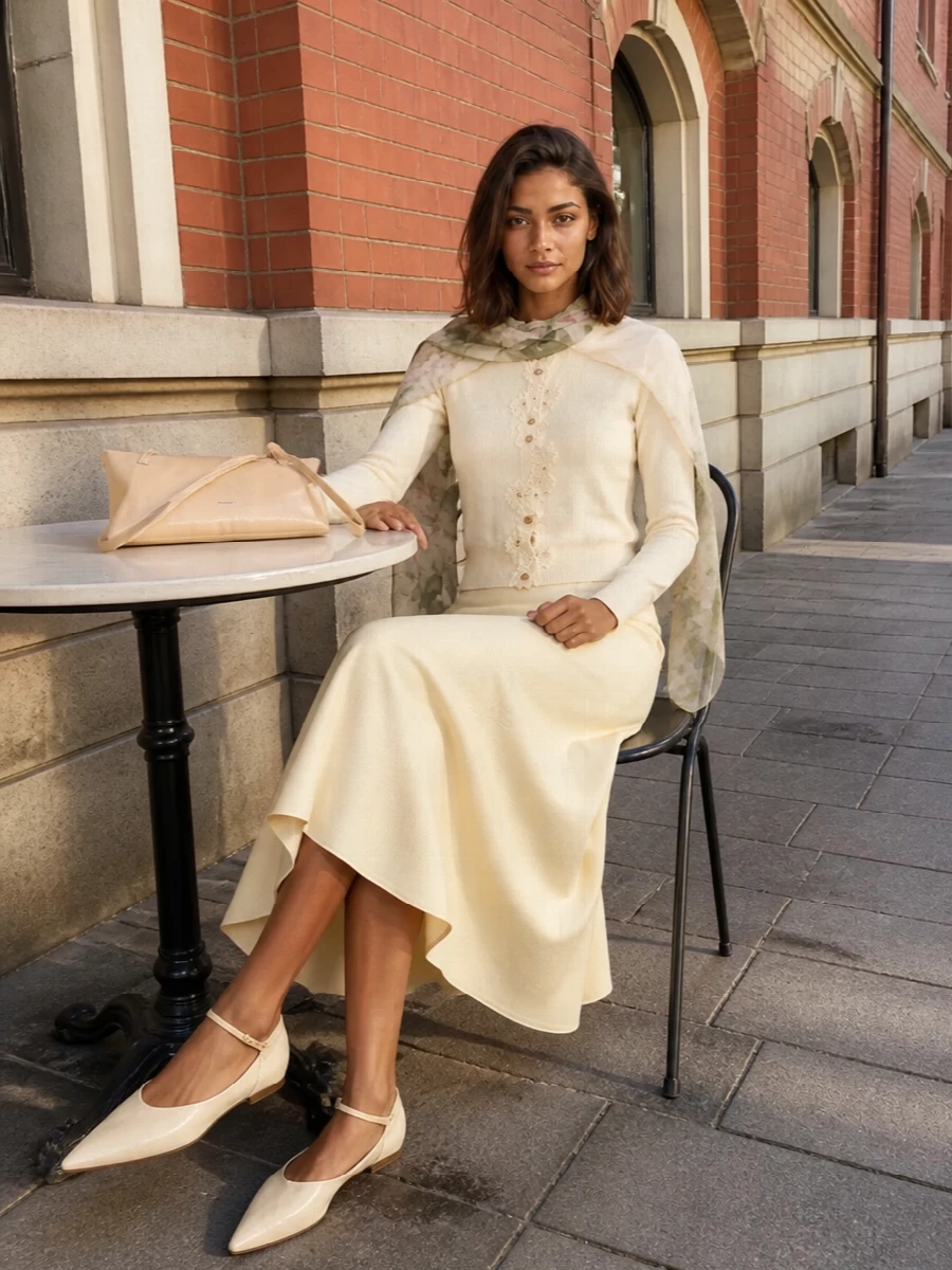 A tonal play of buttercream and soft neutrals keeps this outfit calm and quietly romantic, with the floral cardigan and asymmetric skirt creating gentle movement and texture. The pointed flats and structured shoulder bag sharpen the silhouette just enough, so it feels considered for client meetings, gallery afternoons or an intimate dinner without ever reading stiff. The scarf is that final whisper of softness, hinting at print while staying firmly in the realm of quiet luxury.