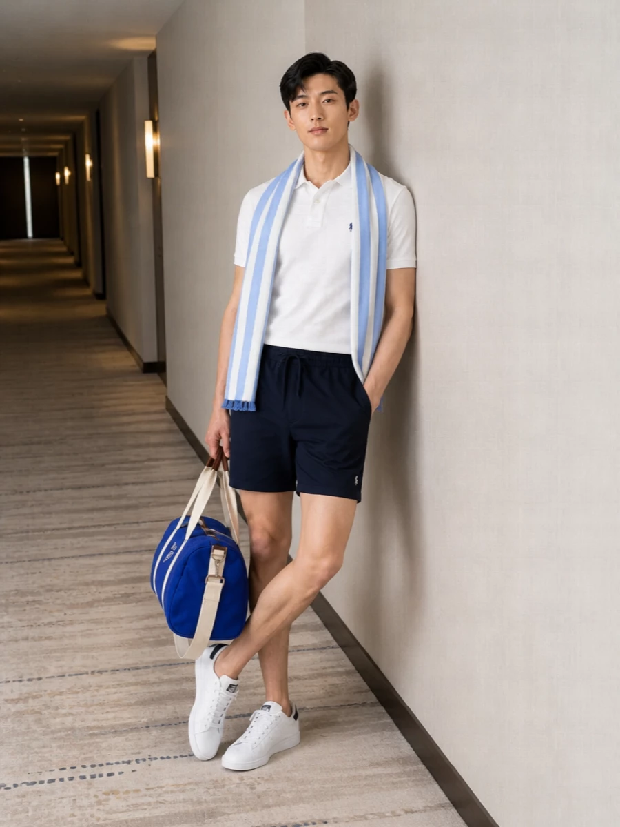 Navy deck shorts with a white Polo polo and crisp white court sneakers create a clean, collegiate summer uniform built around ease and movement. The royal-blue duffle and striped scarf add just enough color and texture while staying firmly in the preppy sport world. It is an easy grab for coastal weekends, city strolls and relaxed afternoons that still feel considered.
