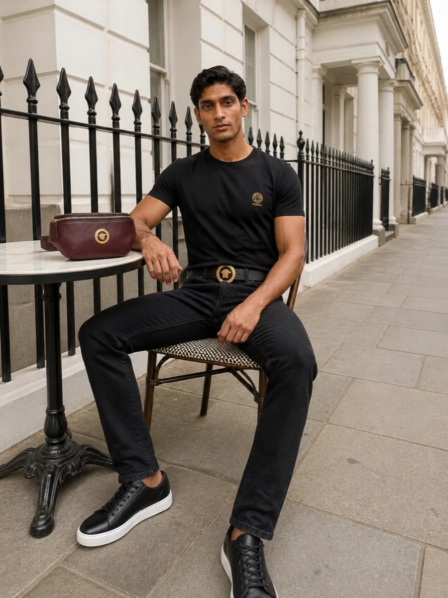 Versace black medusa tee with black jeans outfit
