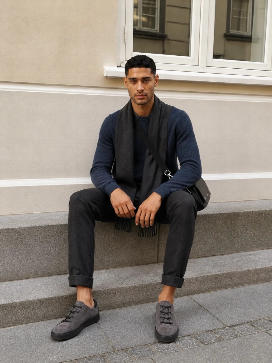 Paul smith navy sweater charcoal joggers outfit