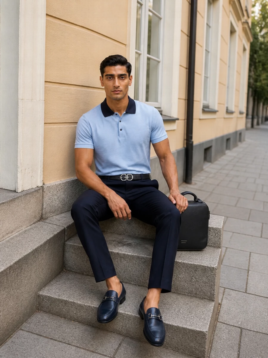 Ferragamo navy trousers polo loafers outfit