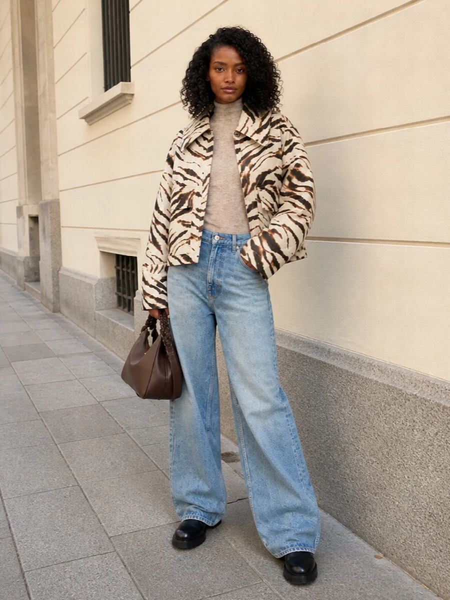 Ganni tiger coat wide leg jeans knee boots