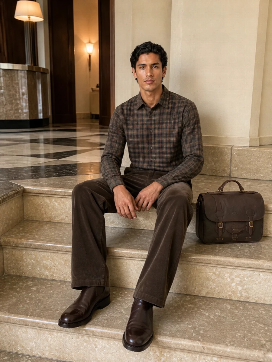 Dunst checked shirt brown corduroy trousers outfit