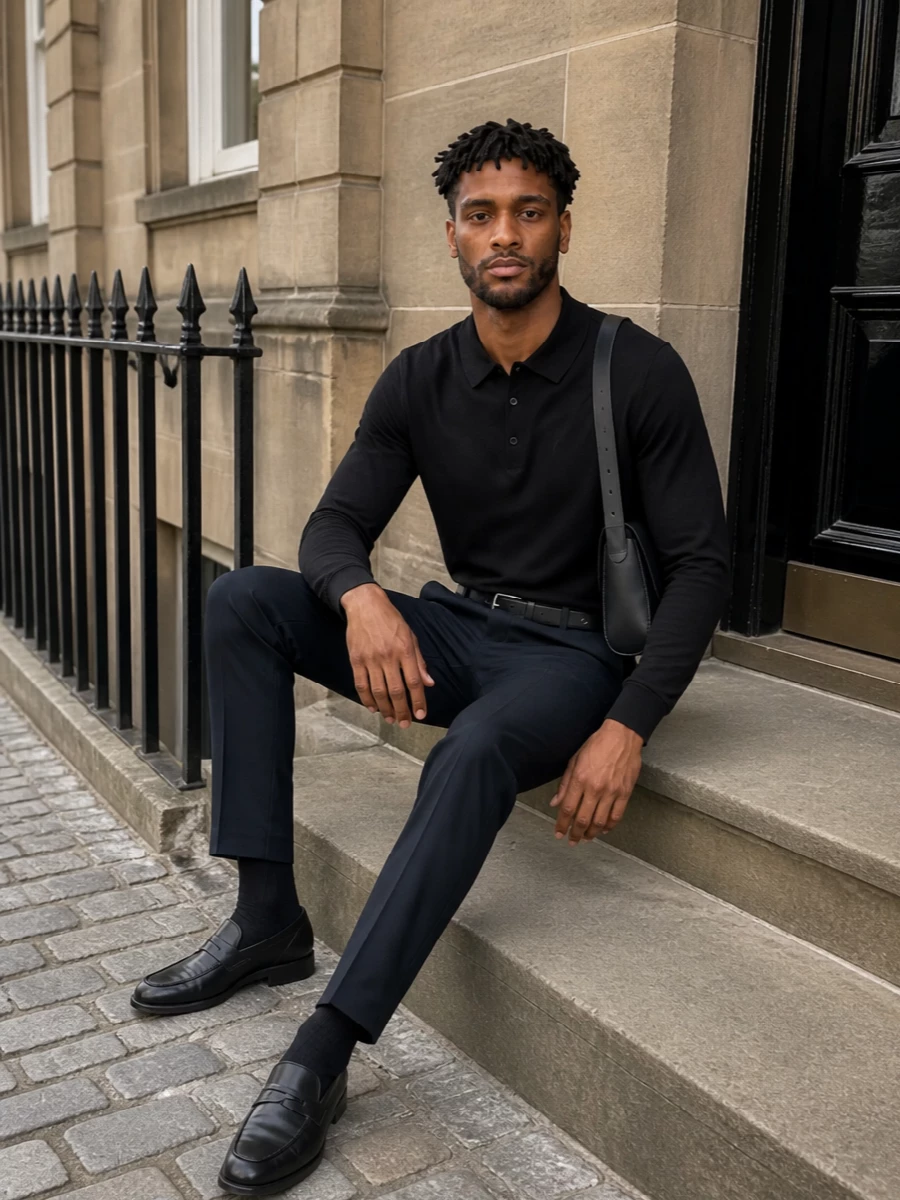 An ink-black knit polo sits against deep navy tailoring for a near-monochrome take on smart casual, precise but never stiff. Black loafers and a sculptural leather bag keep the lines clean, while a slim belt quietly anchors the silhouette. It is a composed, modern uniform that moves easily from office hours to low-key dinners.