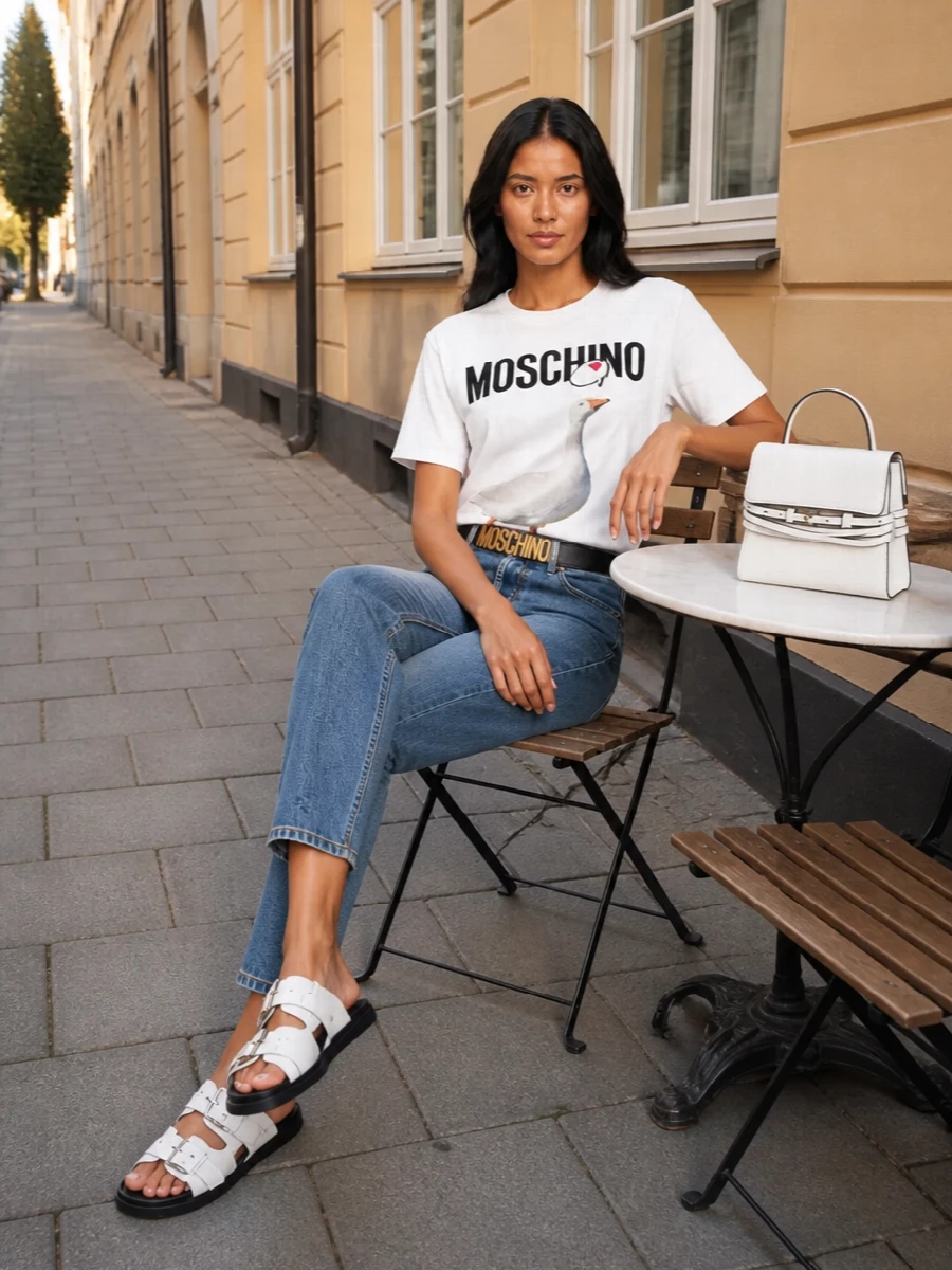 A graphic Moschino tee sits over pure, mid-wash straight denim for that easy streetwear-meets-preppy balance. White slides and a crisp mini top-handle keep the palette tight and clean, while a slim black logo belt pulls the proportions together and quietly repeats the branding story.