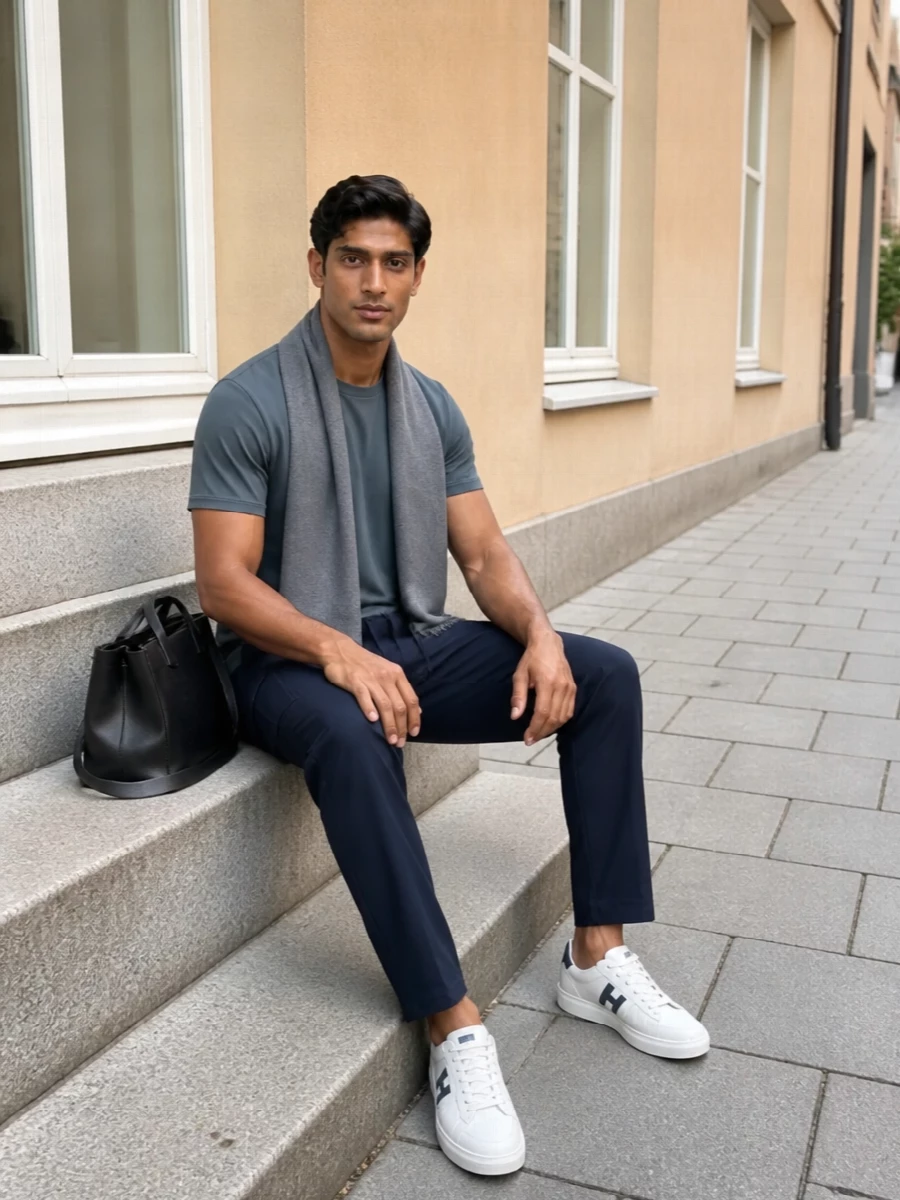 Herno slate tee navy trousers court sneakers