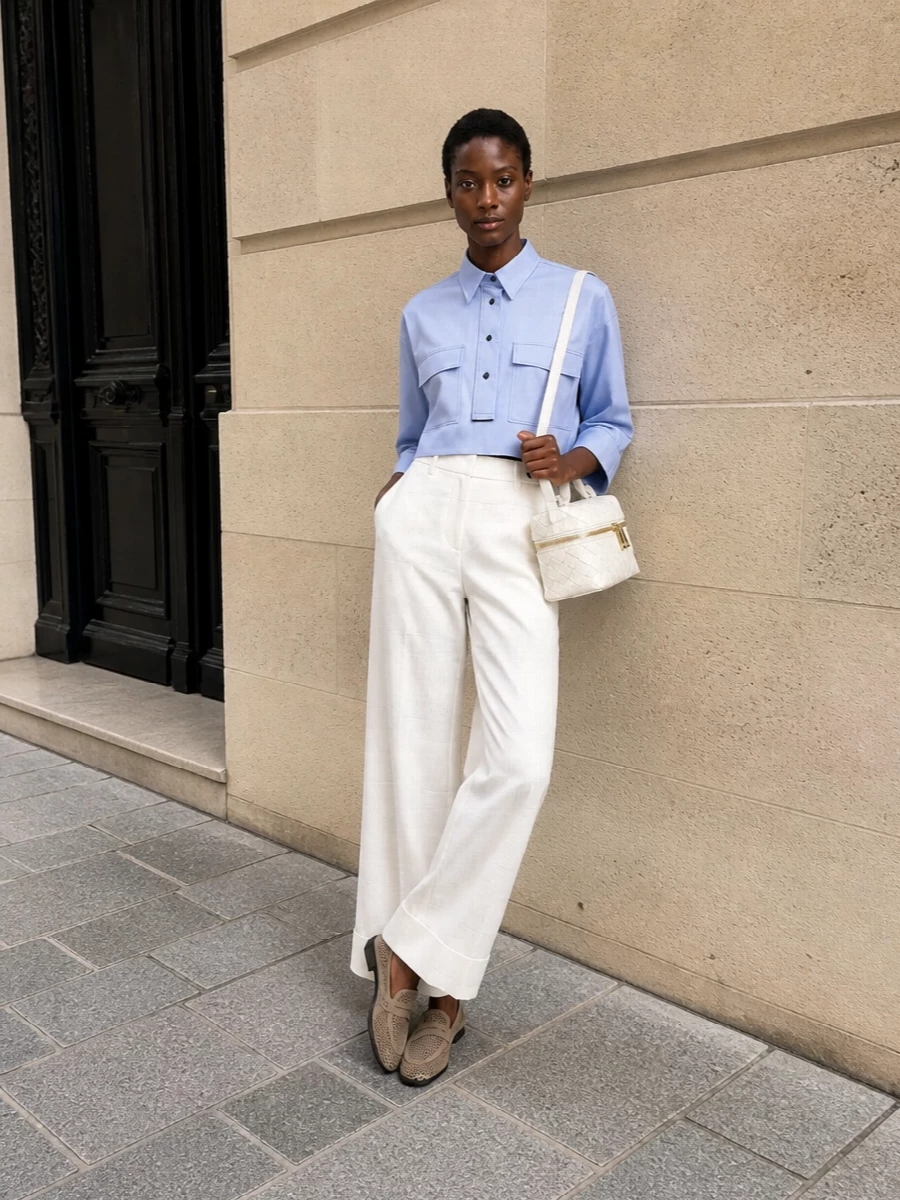 The cropped powder-blue shirt is paired with high-waisted off-white wide-leg trousers to create a clean, elongated silhouette that feels modern yet softly formal. Perforated taupe loafers add an airy, tailored finish, while the compact ivory woven shoulder bag keeps the palette light and refined for spring–summer city dressing. The result is a quietly luxurious look that can move effortlessly from an elevated office to discreet evening plans.
