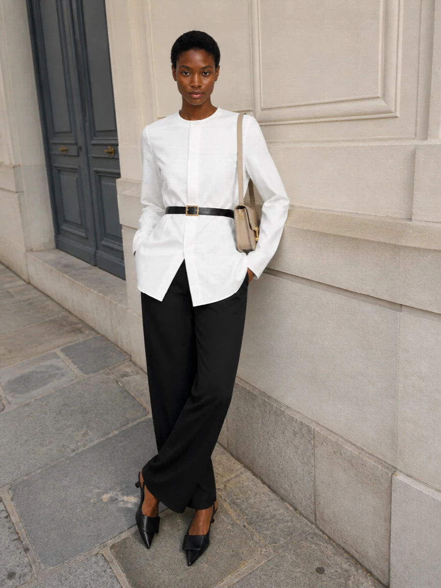 Jacquemus longline shirt wide leg trousers outfit