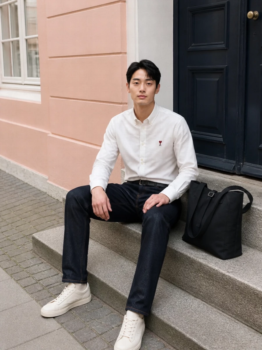 Ami paris raw denim off white shirt sneakers