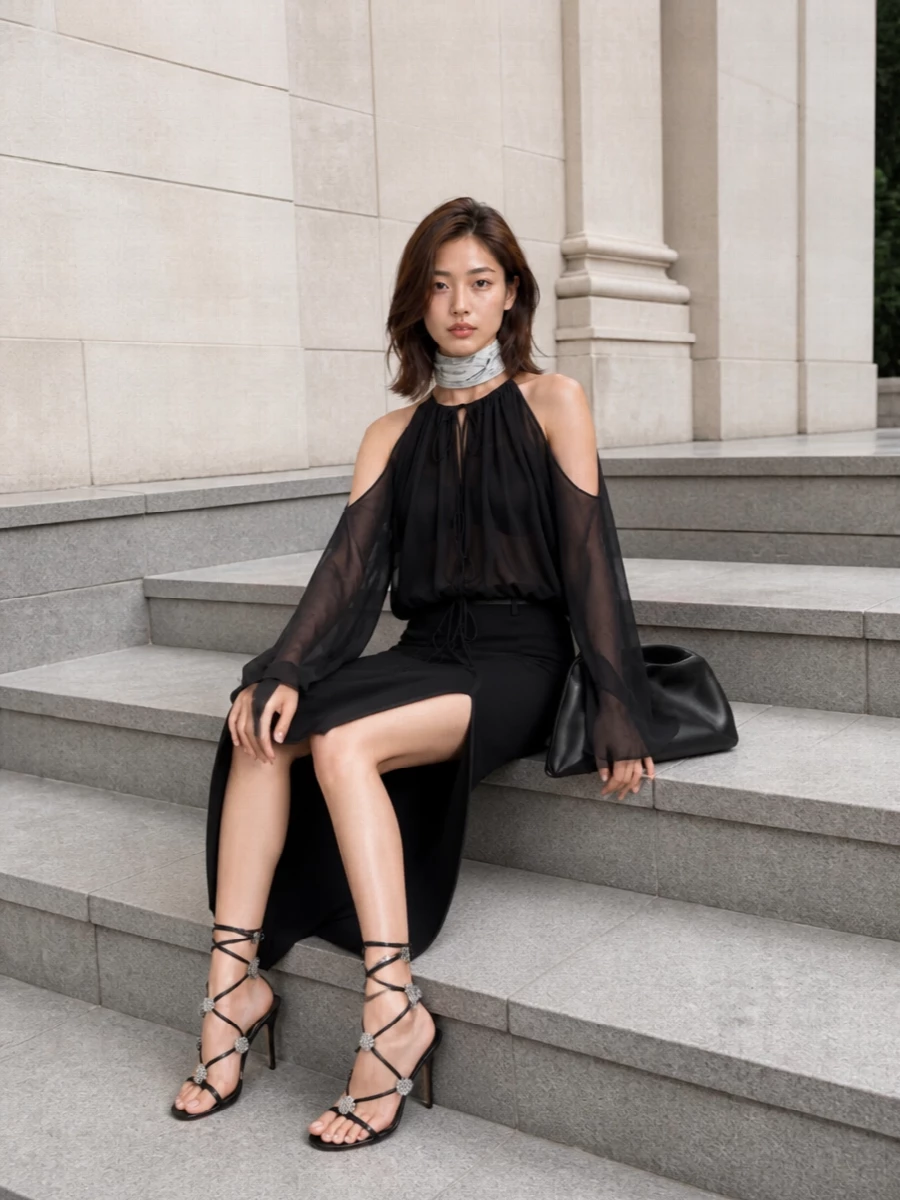 Courreges black maxi skirt manolo heels outfit