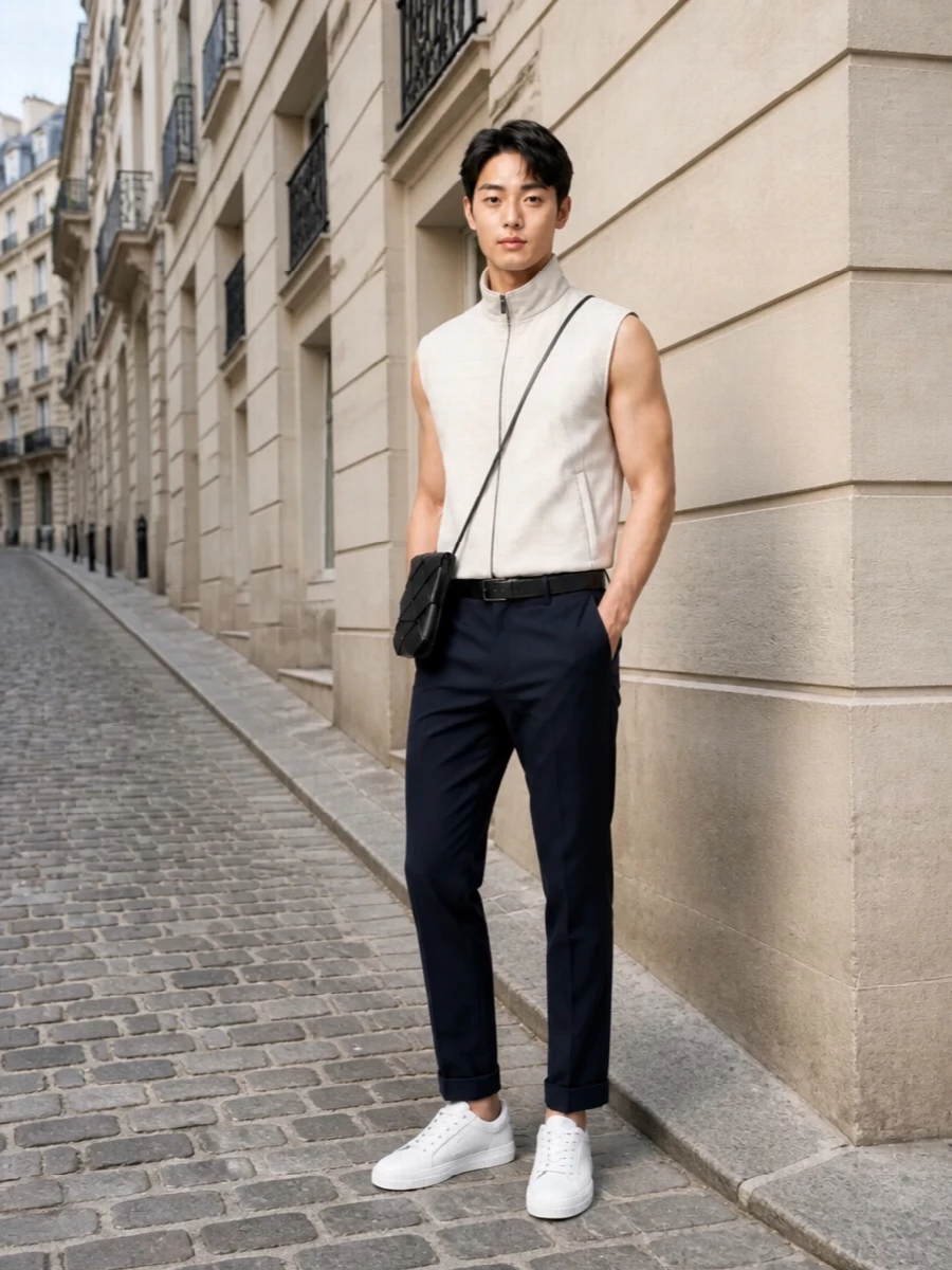 Fay ivory vest navy chinos fendi white sneakers