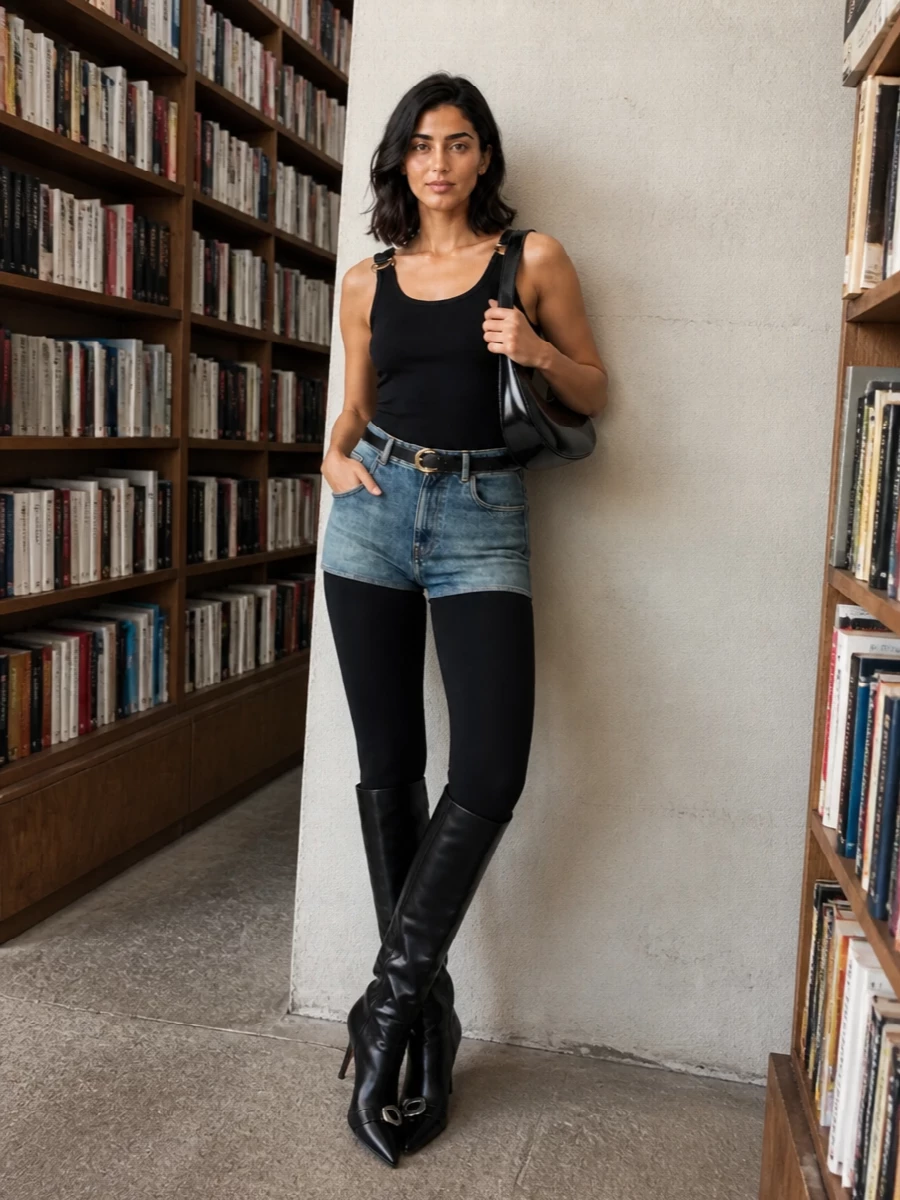 Coperni black tank denim stirrup leggings outfit