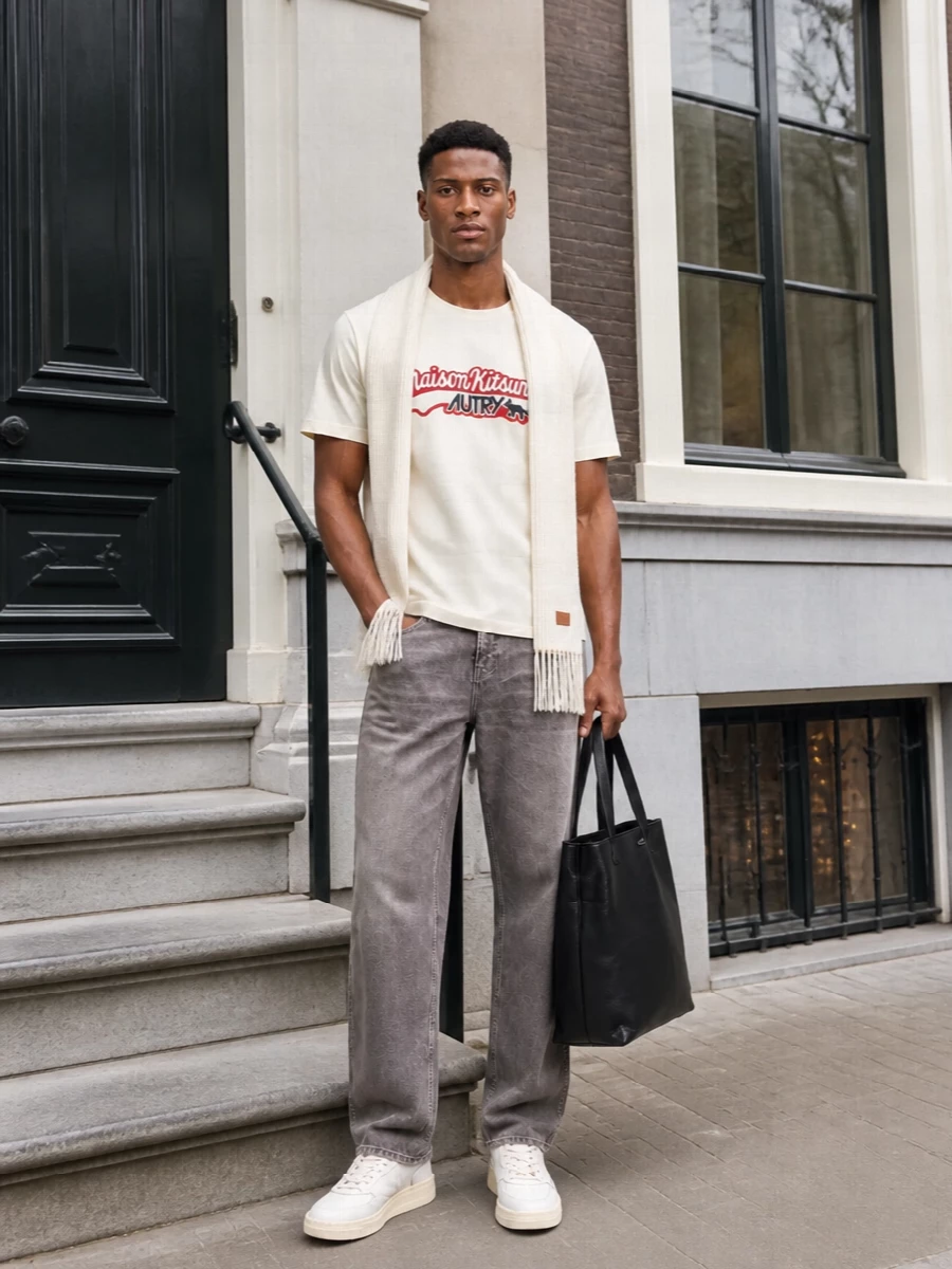 Autry graphic tee taupe jeans sneakers