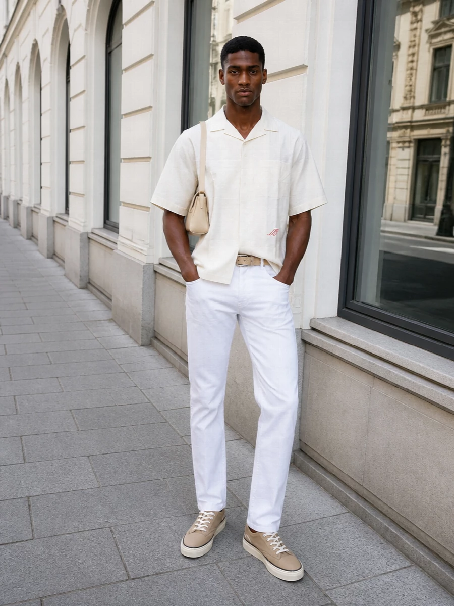 White Jacob Cohen denim meets an off-white Jacquemus camp shirt for a clean, Riviera take on smart casual, lifted by warm sand accents instead of harsh contrast. Sand canvas sneakers and a buttercream Jil Sander shoulder bag keep everything light and easy, while the woven beige belt pulls the tones together with a discreet, preppy nod. The result feels considered yet relaxed, ideal for coastal weekends, terrace lunches or city days in full sun.