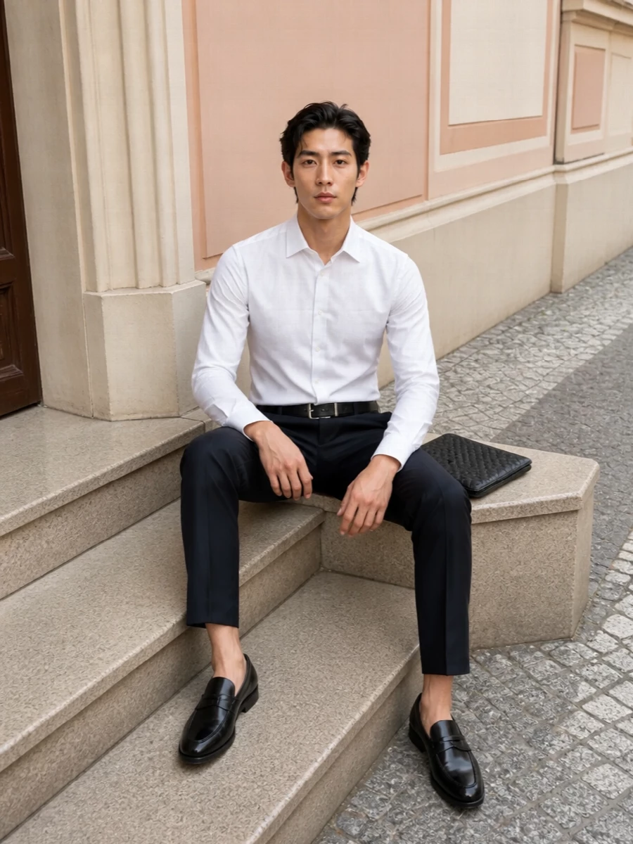 Armani navy trouser white shirt loafers outfit
