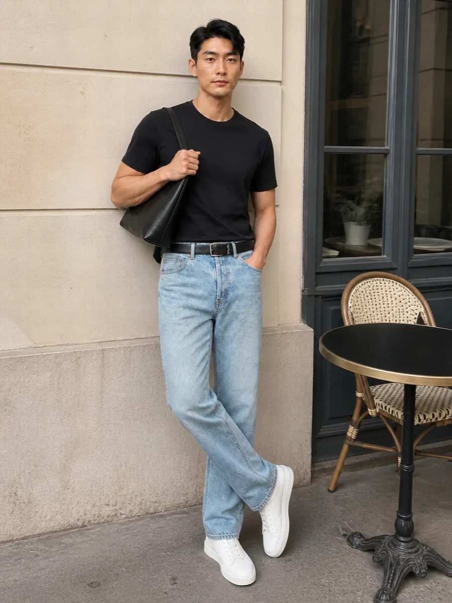 Saint laurent jeans black tee sneakers outfit