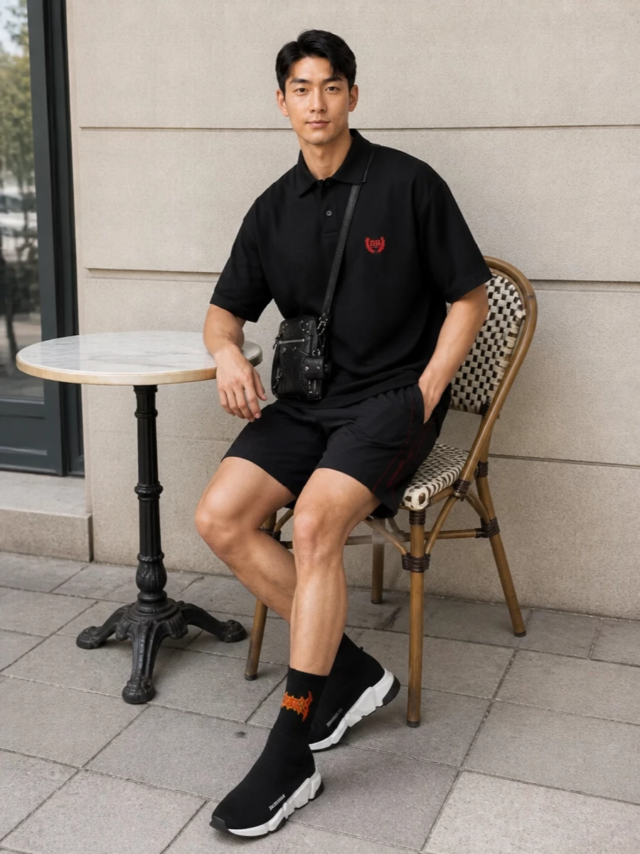 Balenciaga black polo outfit shorts sneakers
