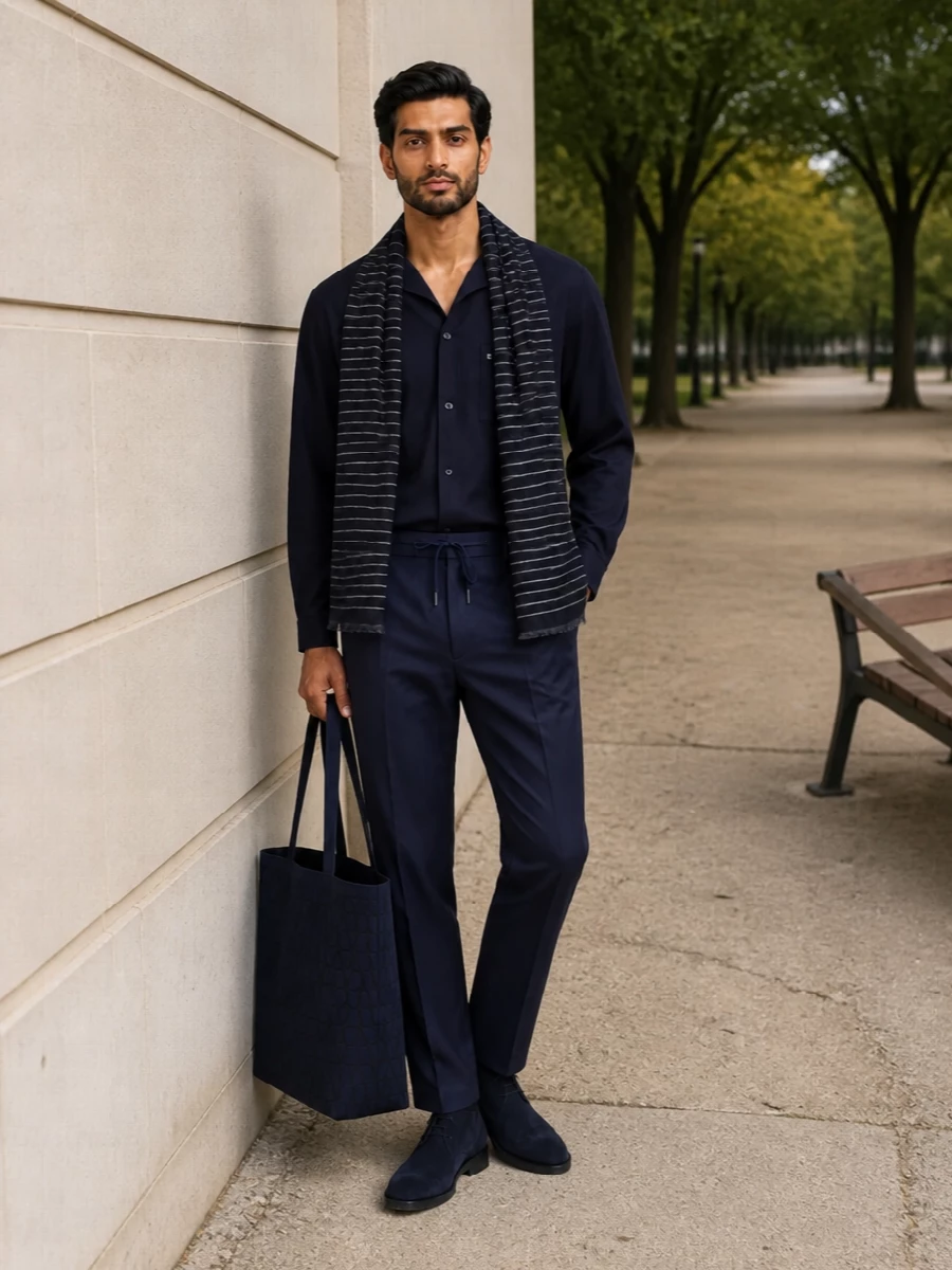 Tagliatore navy shirt drawstring trousers outfit