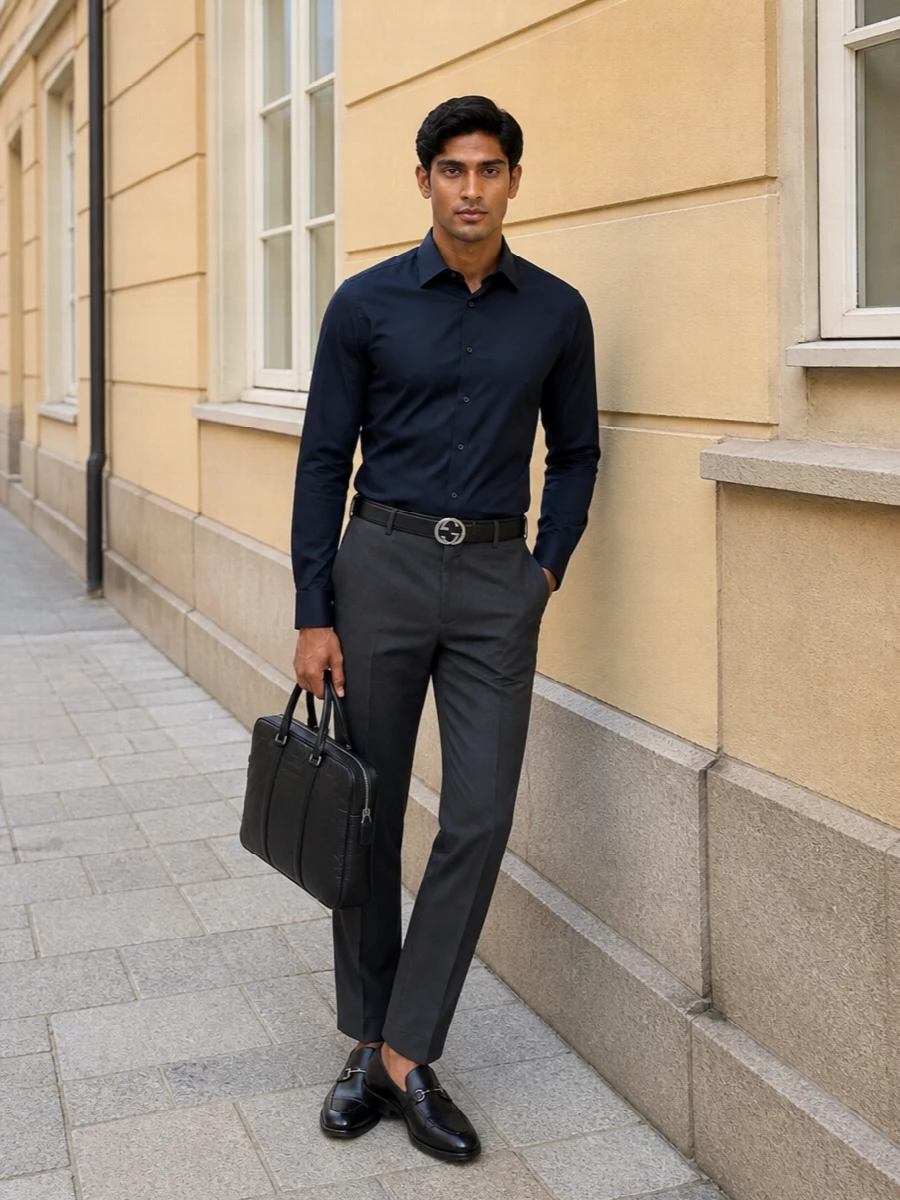 Gucci’s ink navy shirt sits against charcoal tailored trousers for a controlled, navy–grey palette that feels quietly authoritative from office to evening. Black horsebit loafers and a slim embossed briefcase keep every line sharp and understated, with a tonal logo belt adding just enough house signature while staying firmly in the realm of discretion.