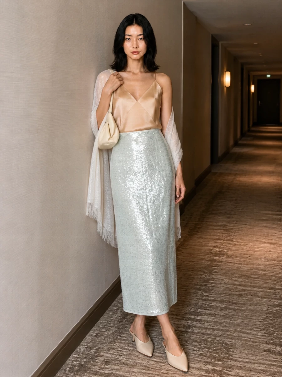 An icy mint sequin column meets a liquid champagne camisole for a softly luminous take on evening dressing. Metallic ivory mules and a sculpted buttercream clutch keep the palette pale and polished, while a gauzy, shimmer-shot wrap adds a final romantic layer of light. The proportions stay long and lean, letting the skirt’s high waist and clean line quietly elongate the silhouette.