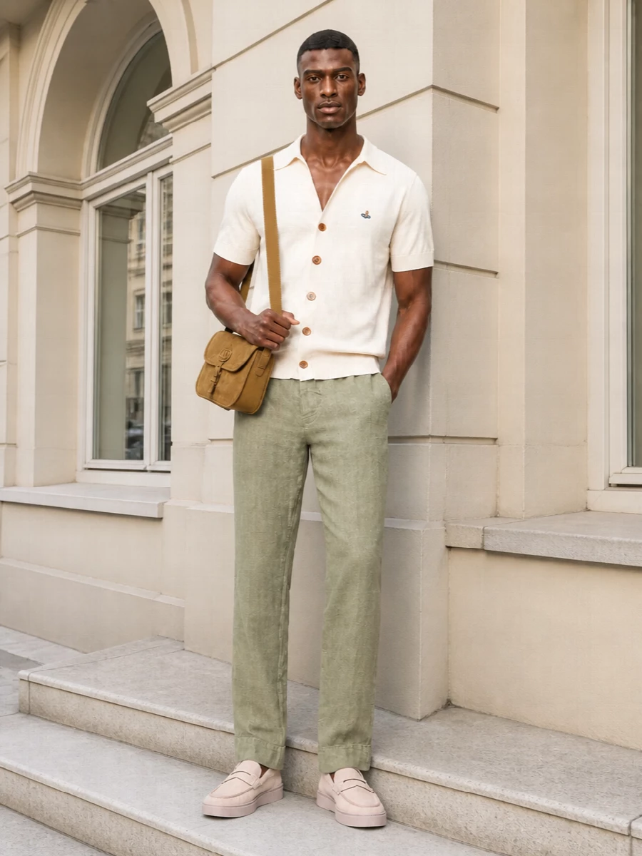 Vivienne westwood cardigan sage trousers outfit