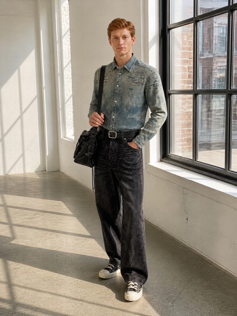Diesel distressed denim shirt black wide jeans