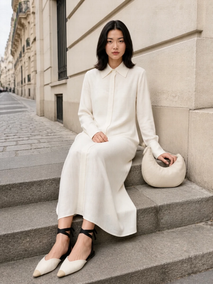 I am building around the dress rather than a top and short, because a single long ivory shirt dress best echoes the espadrilles’ city-meets-coast mood and keeps the silhouette clean. The result is a column of soft neutrals with a crisp collar, where the black ankle ties read as a deliberate, graphic detail rather than a contrast to another dark separate. The sculpted ivory hobo tucks under the arm and quietly reinforces the minimalist, high-end feel without crowding the line of the dress or the shoe.