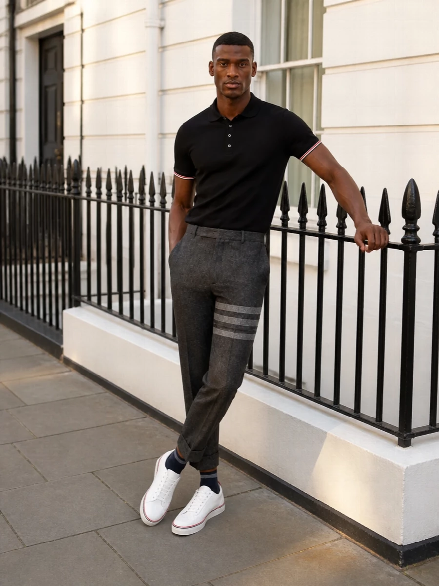 Thom browne black polo grey cropped trousers outfit