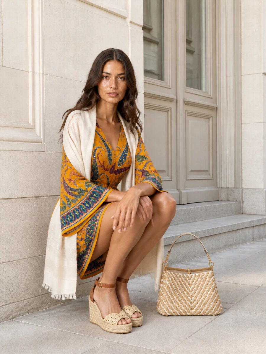 Saffron paisley and flared sleeves take center stage, grounded by tan espadrille wedges that keep the line long and relaxed. A sand woven top-handle bag and creamy stole add quiet texture and polish while letting the print carry the energy.