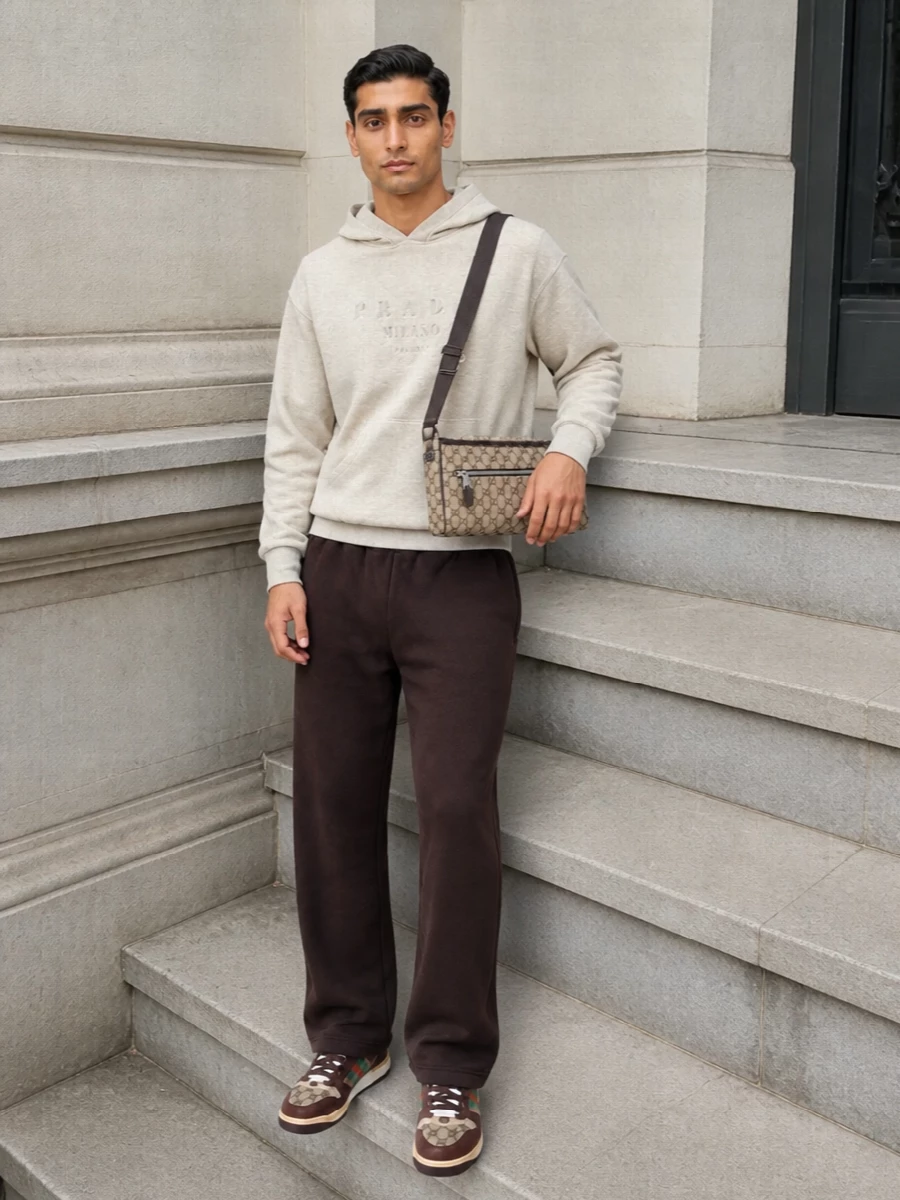 A soft Prada neutral hoodie sits over deep chocolate Gucci track pants, picking up every warm tone in the Fendi sneakers for a unified brown-and-black story. The straight, relaxed leg balances the regular-fit top, so the graphic sneaker feels intentional rather than loud. A structured Gucci crossbody in matching monogram browns finishes the outfit with subtle heritage polish and a hint of preppy attitude.