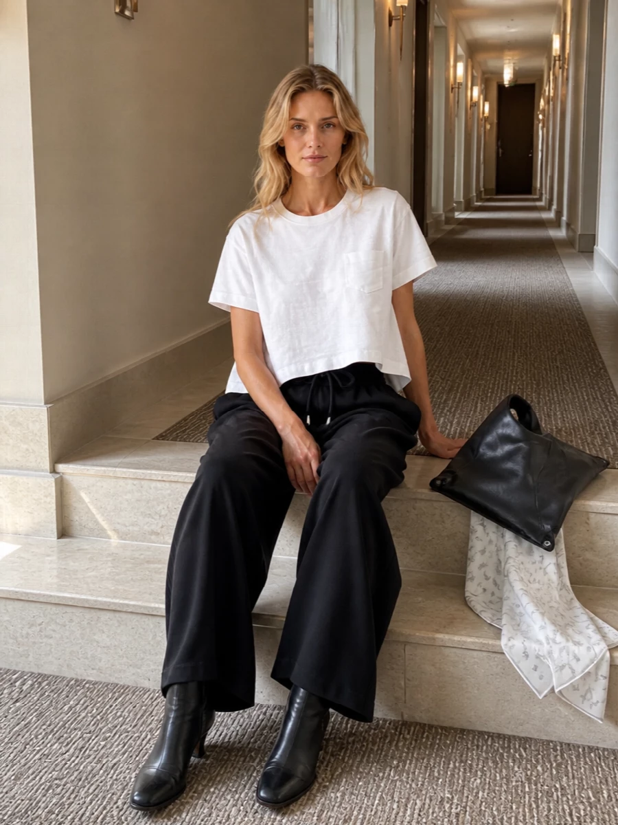 A cropped white Sacai tee sits above sculpted black wide-leg trousers for a clean, graphic take on modern streetwear. The low curved-heel boots keep it polished but unfussy, while the origami tote and sketched silk scarf add an architectural, insider twist without breaking the monochrome calm.