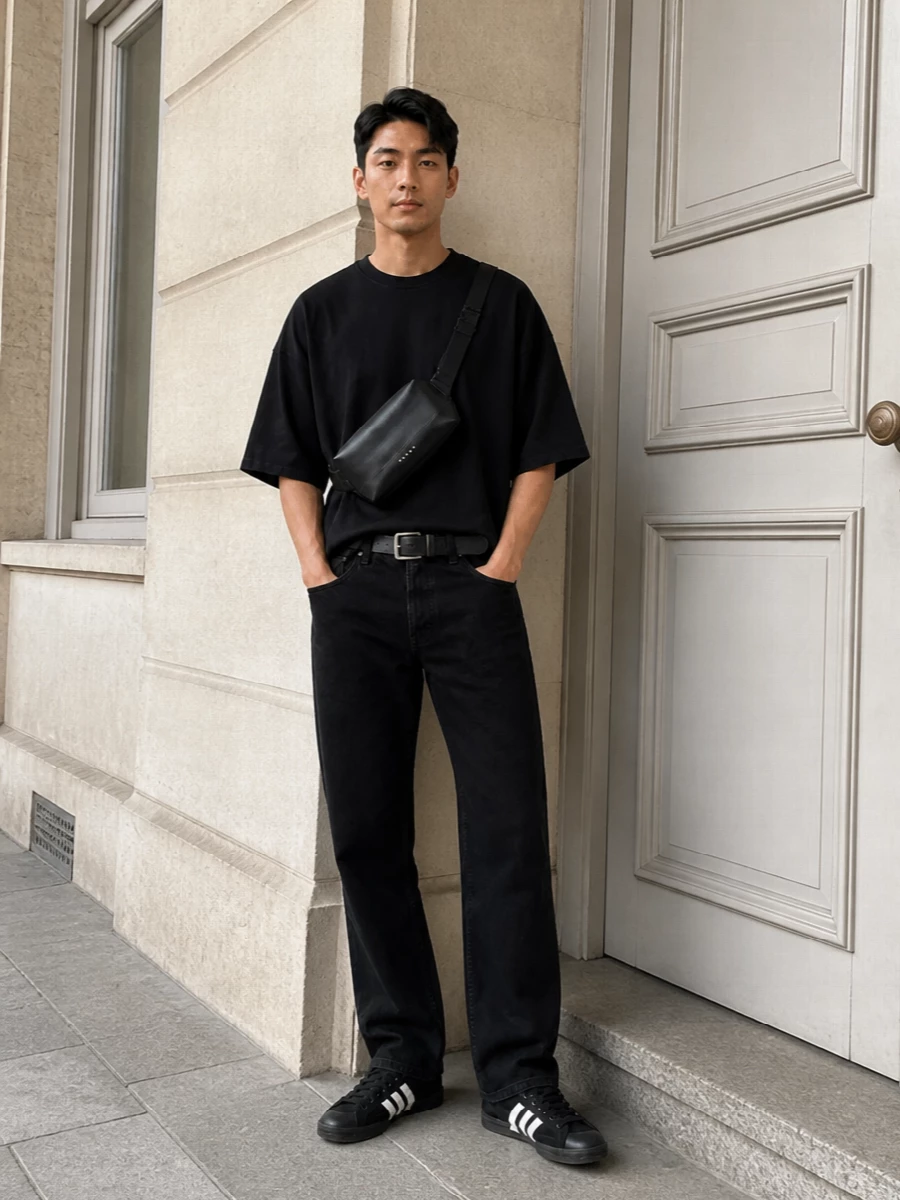 Regular black Stüssy denim meets an ultra-oversized black tee for a low-key, grungy street uniform that feels considered but relaxed. Y-3 canvas sneakers and a slim Marni belt bag keep everything tight and functional, with a clean hit of contrast at the feet and waist. The black belt quietly finishes the line so the volume up top stays the focus.