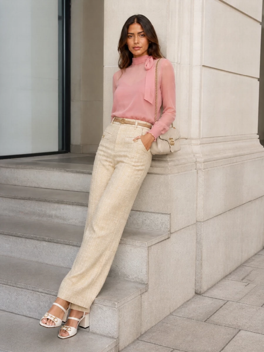 Gucci sheer blouse wide leg trousers outfit