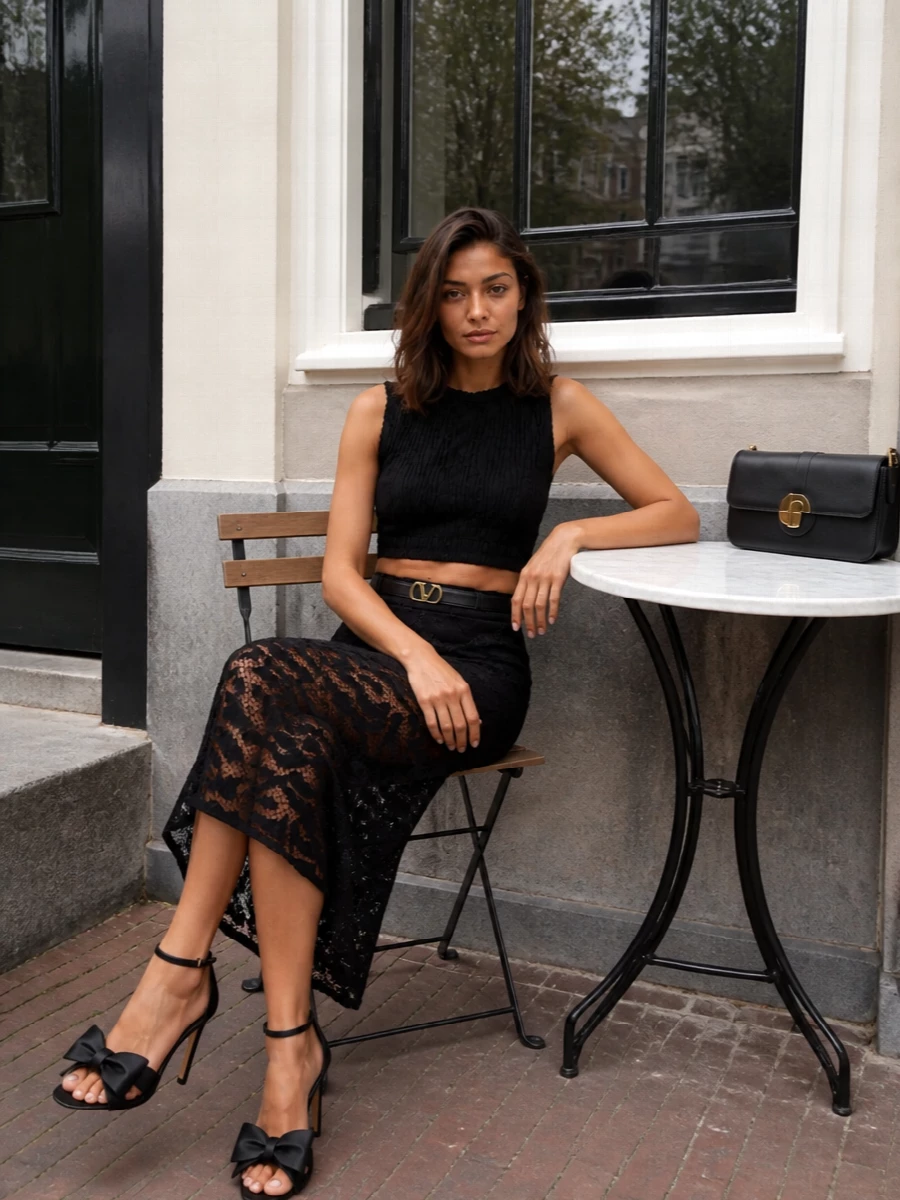 Patou lace midi skirt black crop top outfit